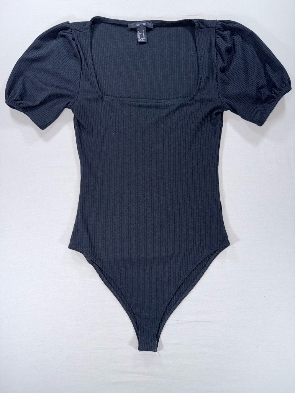 Forever 21 Black Ribbed Puff Short Sleeve Square Neck Bodysuit Medium